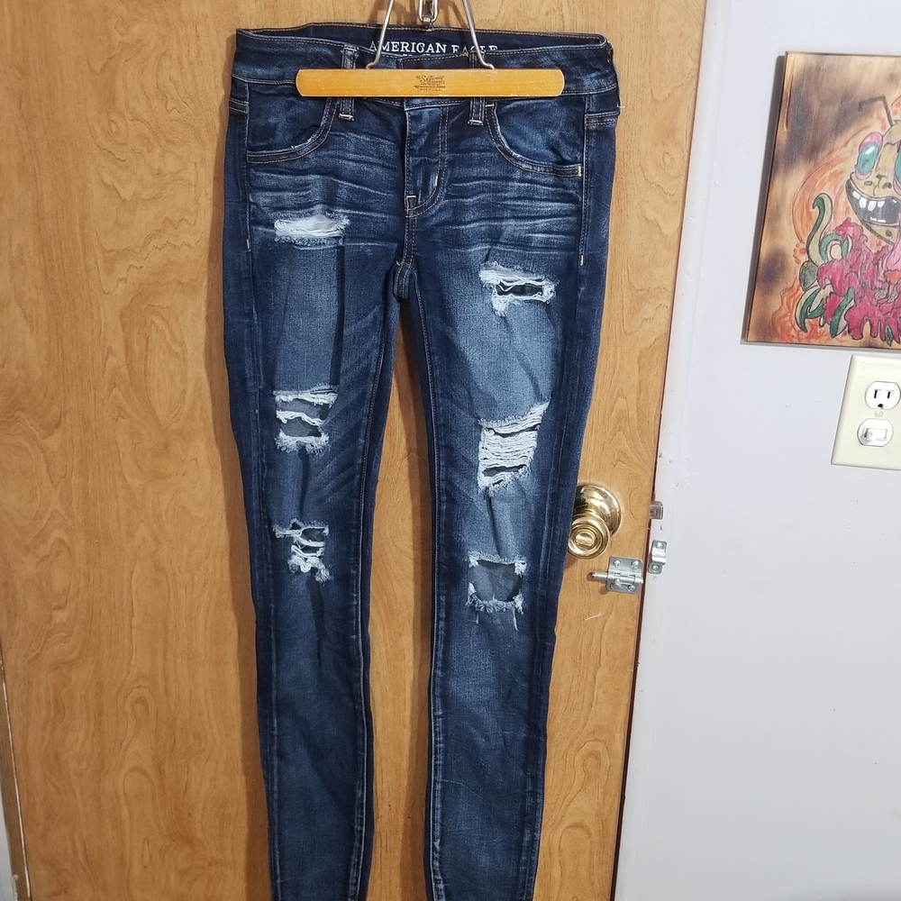 American Eagle Outfitters Women's Ripped Dark Blue Skinny Jeans